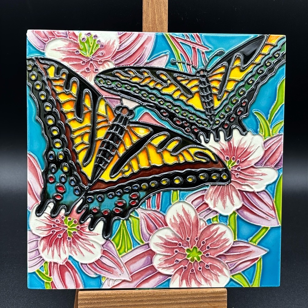 Raised Relief Butterflies and Flowers Decorative Ceramic Tile
